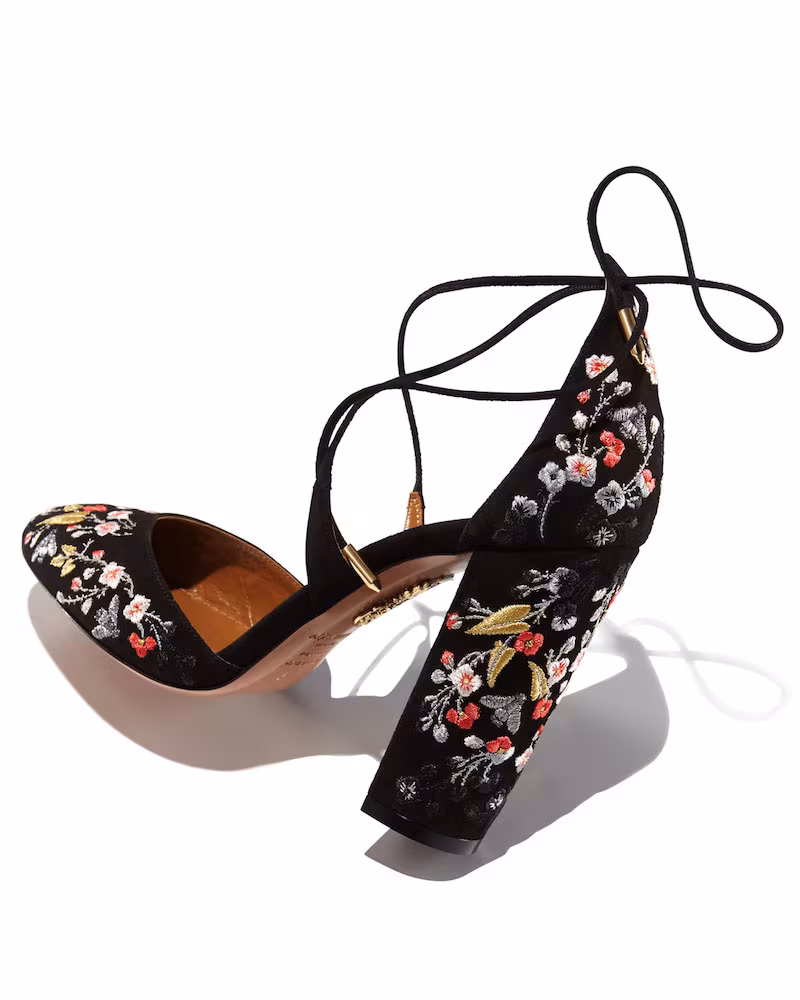 Aquazzura Karlie Embroidered Suede Block-Heel Pump