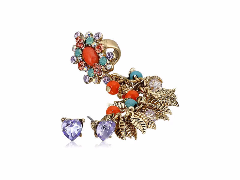 Betsey Johnson Betsey's Delicates Heart Stud and Shaky Mixed Bead Faceted Stone Crawler Earrings