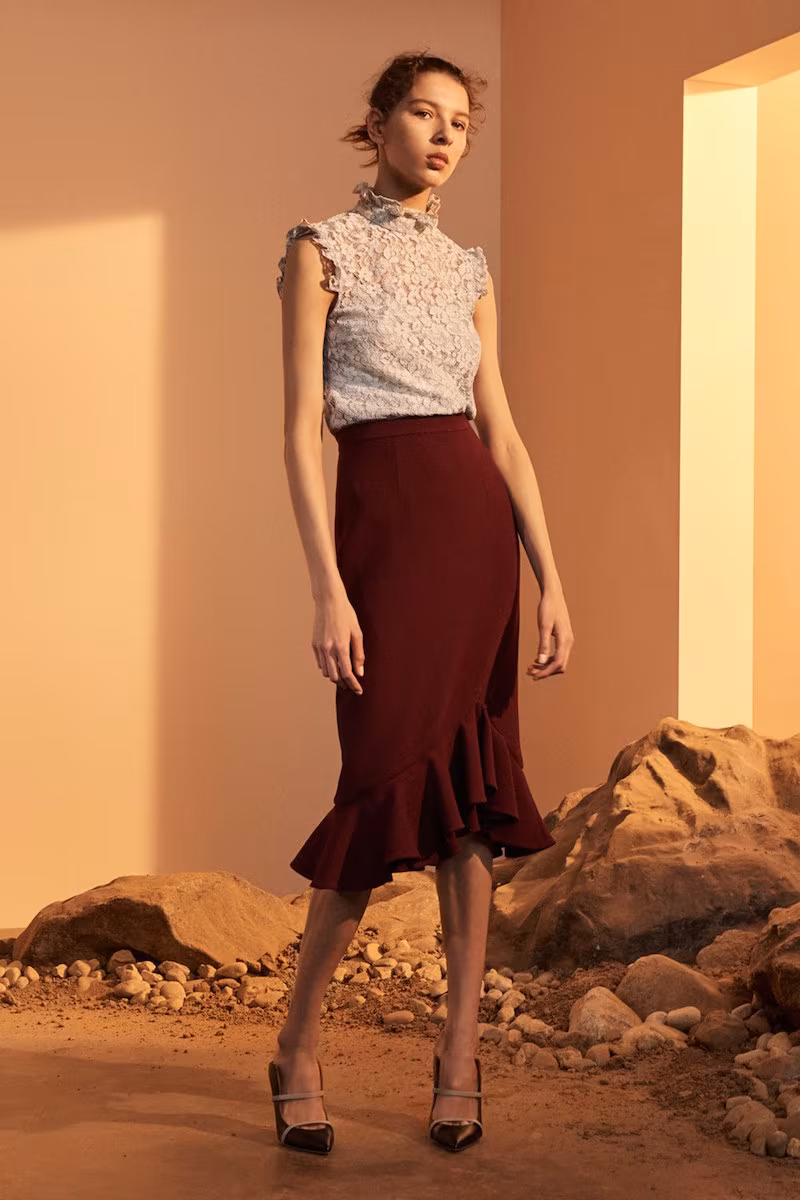 Erdem Joss Wool Crepe Asymmetric Ruffle Hem Skirt