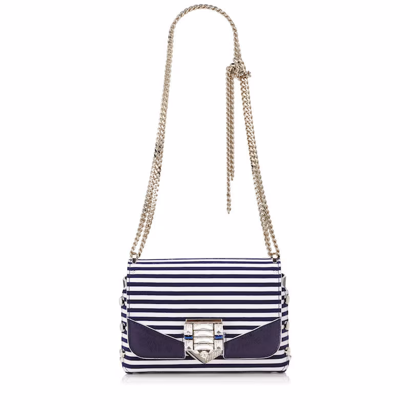 Jimmy Choo Lockett Petite Navy and Optic White Striped Cotton Shoulder Bag with Pavé Crystal Lock_1
