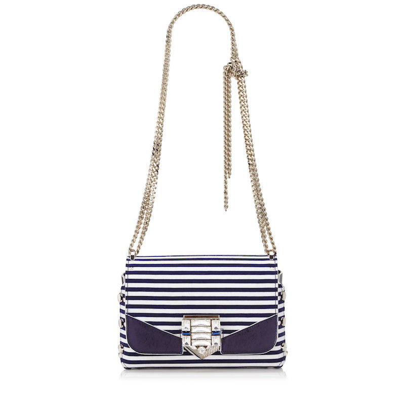 Jimmy Choo Lockett Petite Navy and Optic White Striped Cotton Shoulder Bag with Pavé Crystal Lock_1