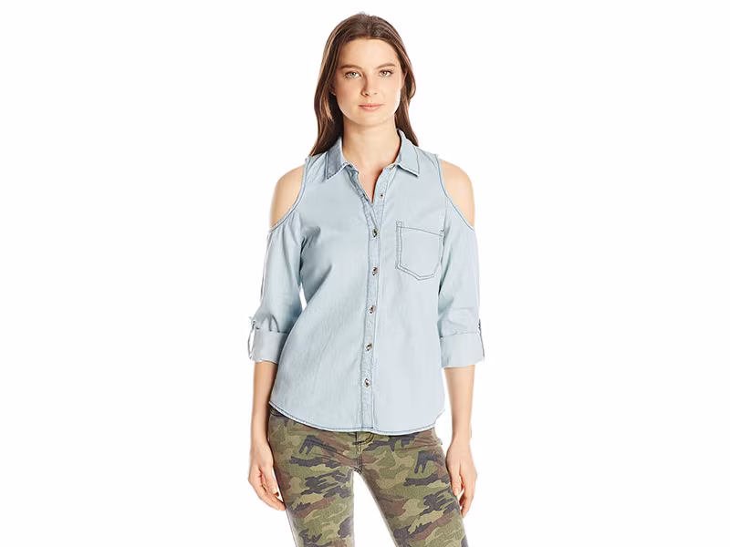 My Michelle Button-Front Top with Cold-Shoulders and Roll-Tab Sleeves