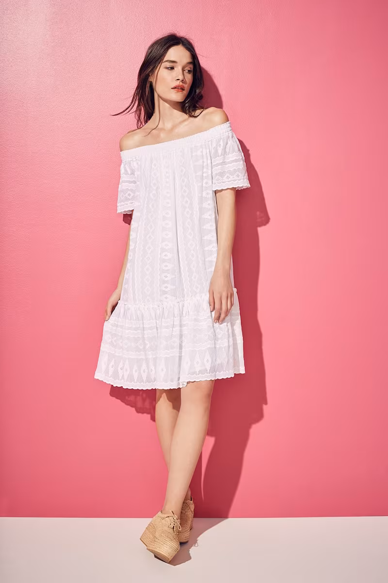 Rebecca Taylor Off the Shoulder Embroidered Cotton Dress