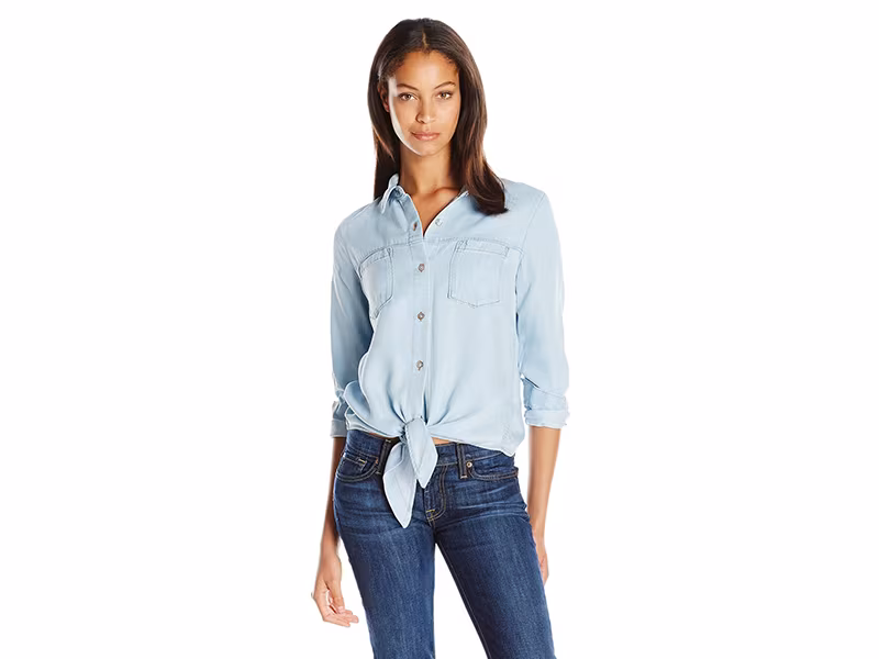 7 For All Mankind Tie Front Denim Shirt In Ibiza Clear Blue