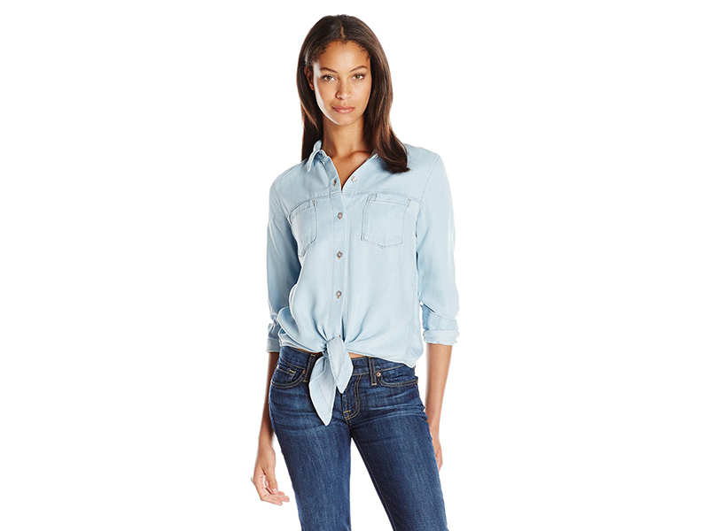 7 For All Mankind Tie Front Denim Shirt In Ibiza Clear Blue