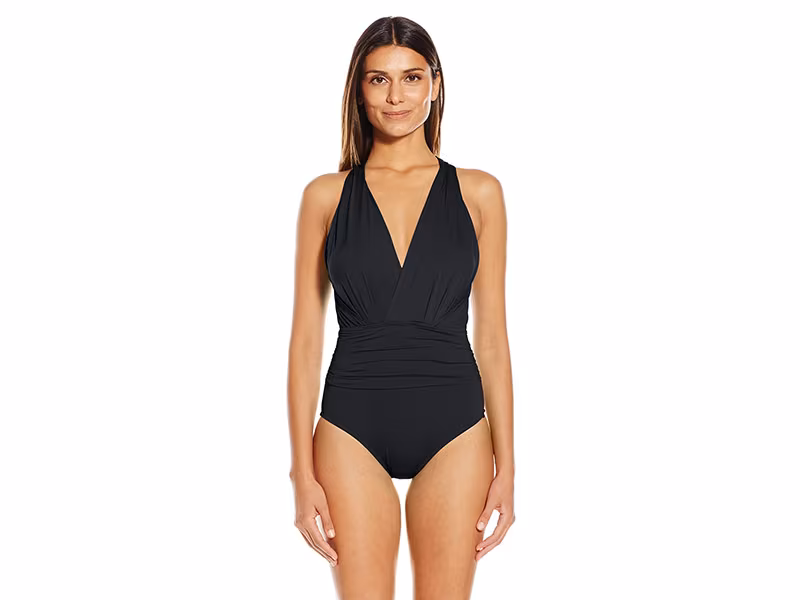 Badgley Mischka Solid Dip-Back Maillot One-Piece Swimsuit