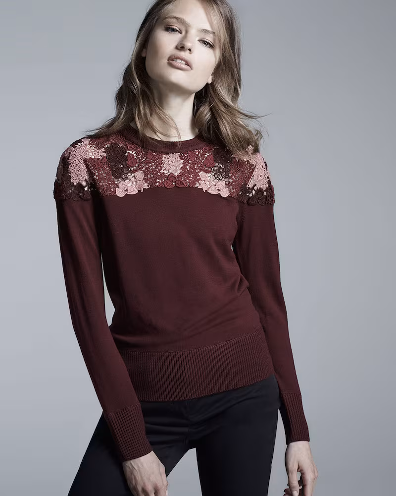 Burberry London Long-Sleeve Lace-Yoke Sweater in Deep Claret