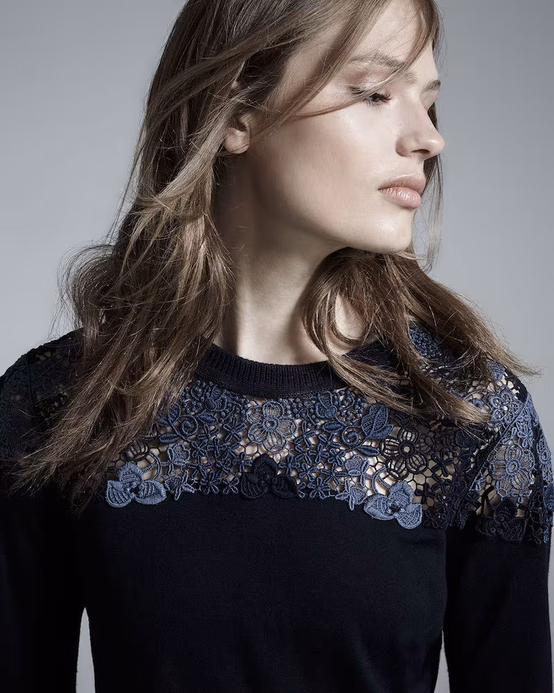 Burberry London Long-Sleeve Lace-Yoke Sweater in Navy