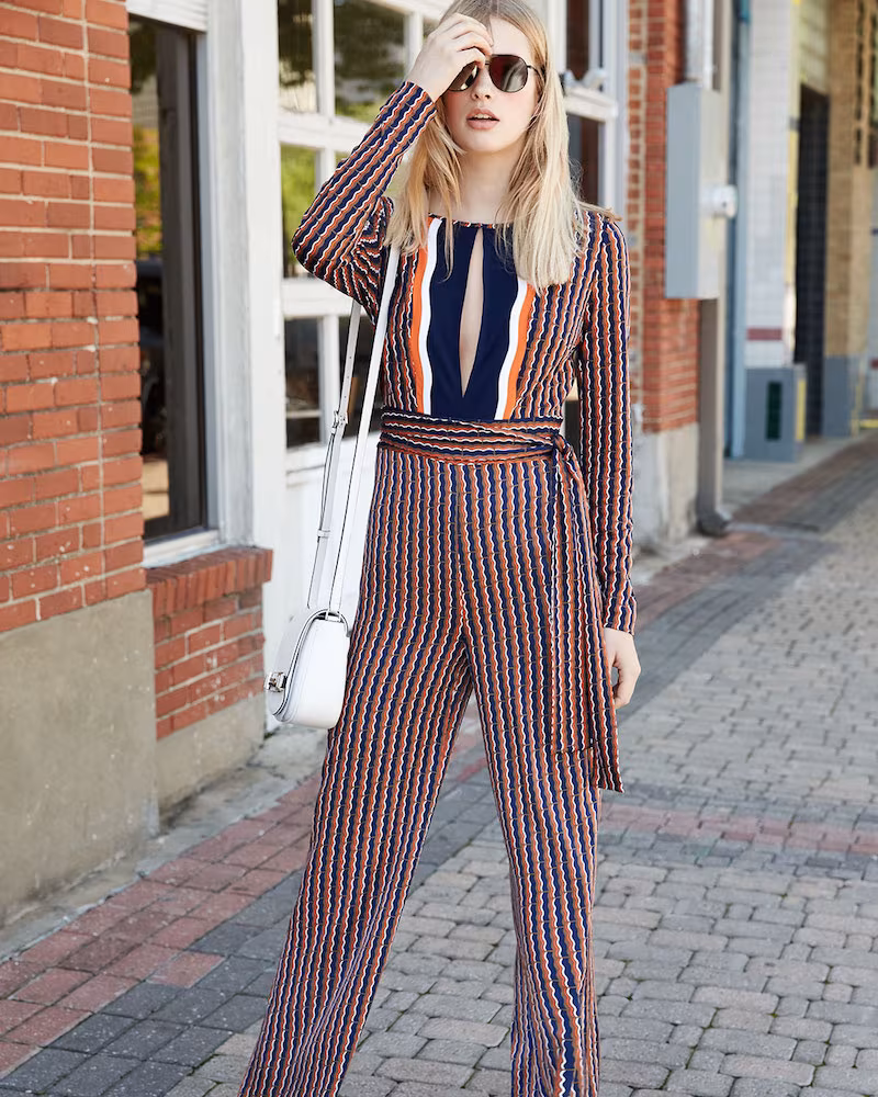 Diane von Furstenberg Starla Long-Sleeve Rickrack Stripe Jumpsuit