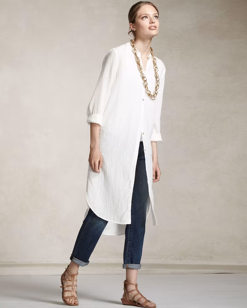 Eileen Fisher Mandarin-Collar Calf-Length Shirt