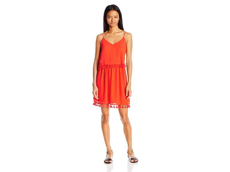 Eyeshadow Woven Flounce V-Neck Dress with Tassels
