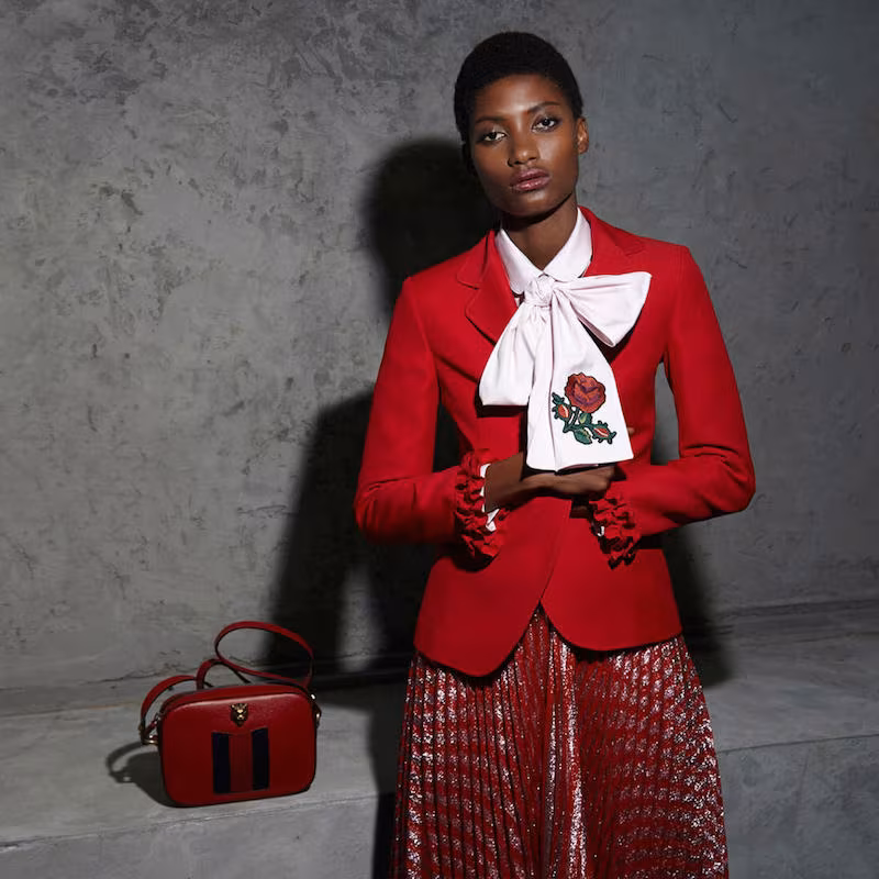Gucci Rose Embroidered Pussybow Shirt