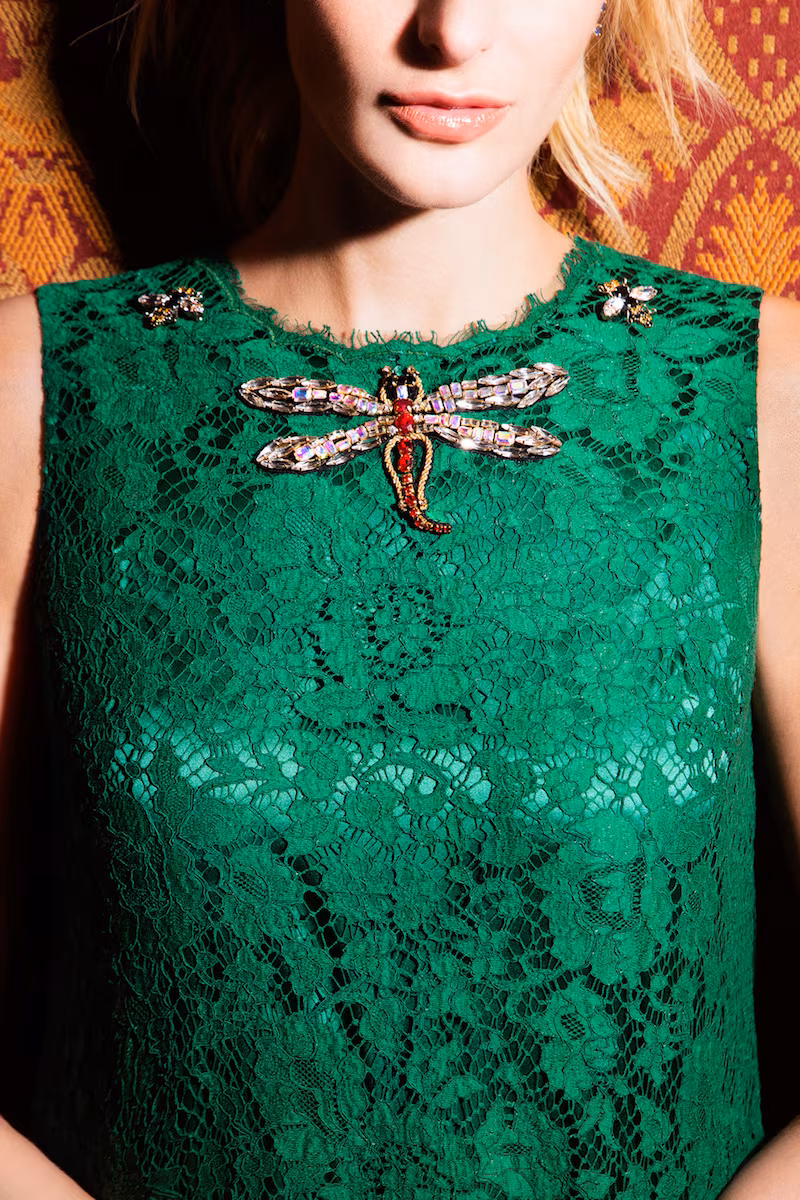 Dolce & Gabbana Brooch-Embellished Lace Shift Dress