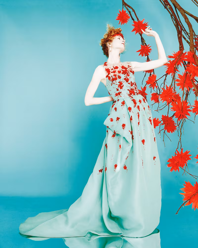 Monique Lhuillier Sleeveless Draped Illusion Gown with Contrast Floral Appliques