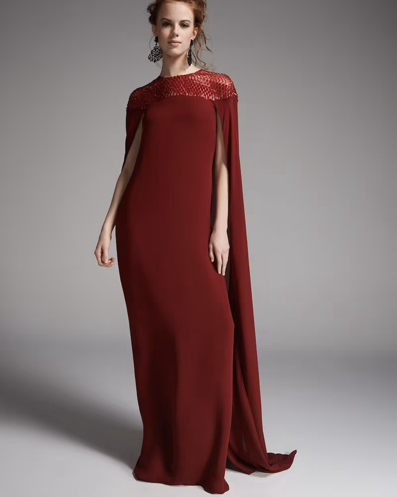 Pamella Roland Beaded-Yoke Georgette Caftan Gown