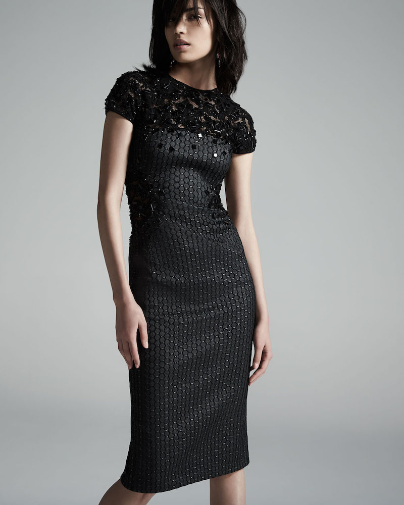 Pamella Roland Short-Sleeve Lace-Inset Sheath Dress