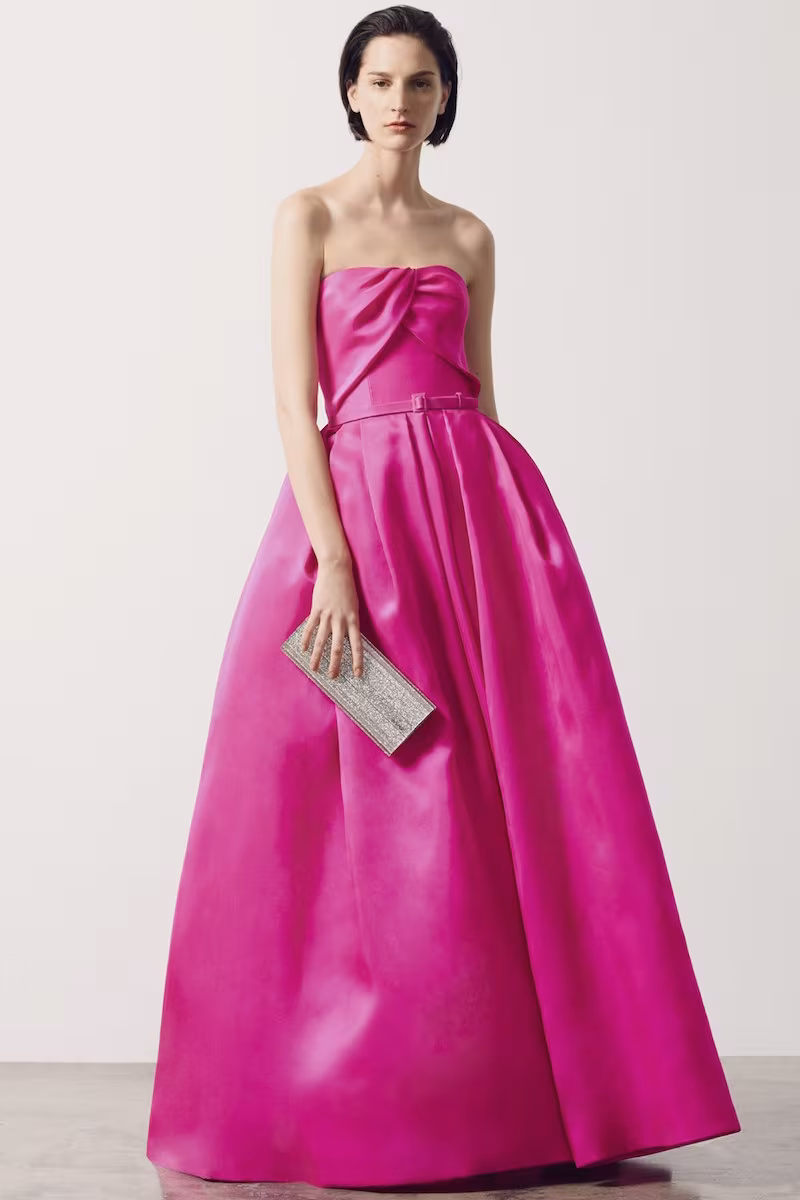 Reem Acra Belted Silk Gazar Strapless Ballgown