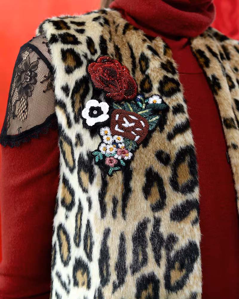 Alice + Olivia Jade Leopard-Print Faux-Fur Vest with Floral Pins