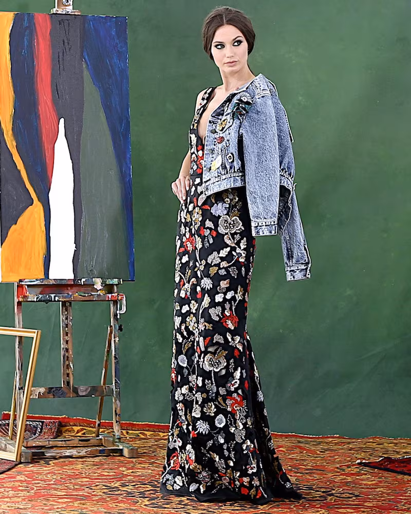 Alice + Olivia Sleeveless Floral Embroidered Satin Gown