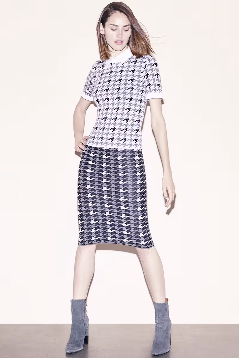 Alice + Olivia Tara Woven Trim Wool Blend Houndstooth Sweater