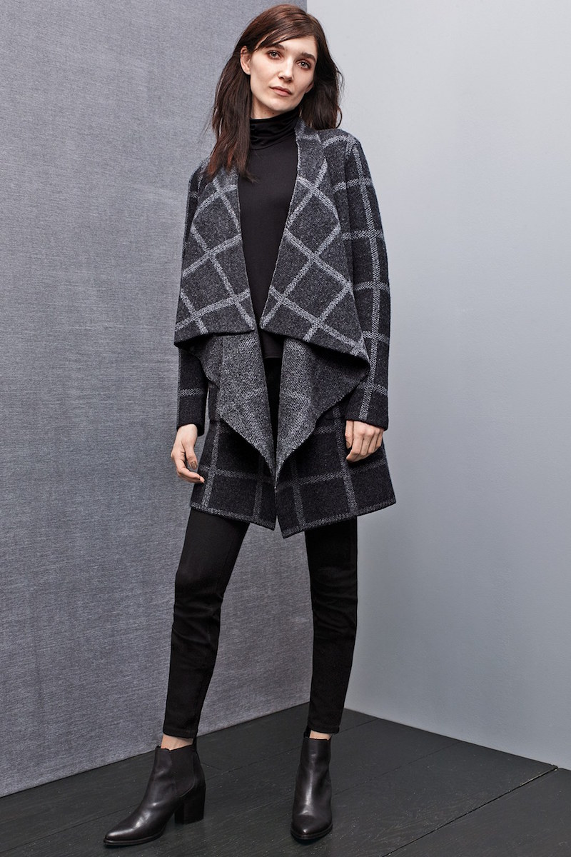 Eileen Fisher Windowpane Merino Wool Long Cascading Jacket