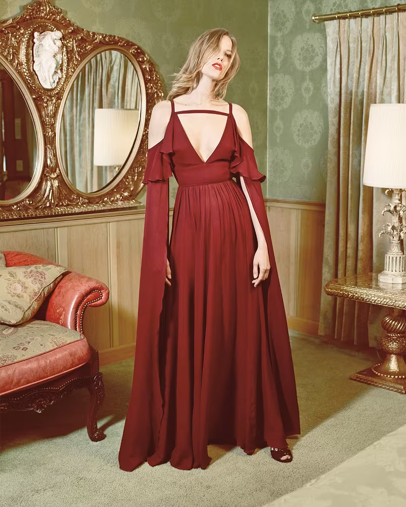 Elie Saab Long-Sleeve Cold-Shoulder Strappy Gown