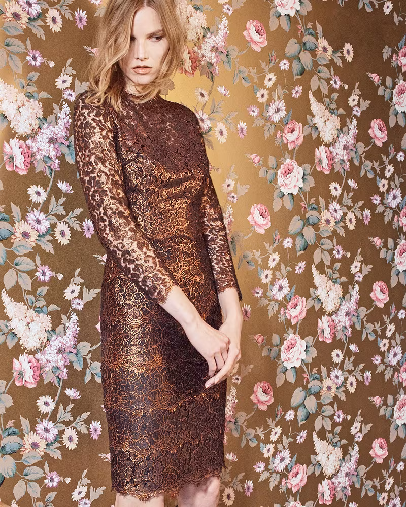 Escada Bracelet-Sleeve Tiered Lace Dress