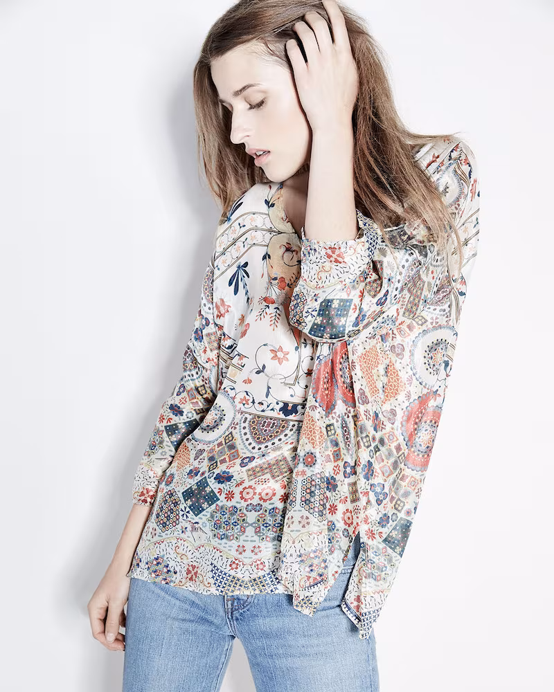Johnny Was Collection Emmy 3/4-Sleeve Printed Silk Boxy Top