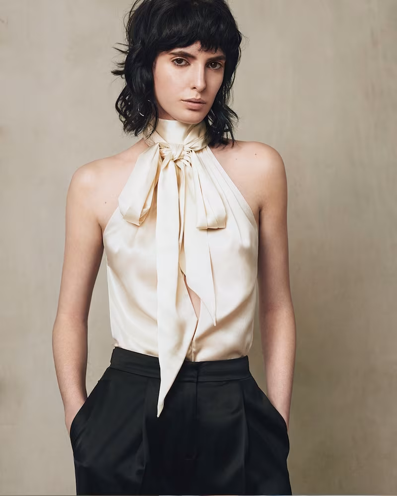 Saint Laurent Tie-neck Silk-satin Sleeveless Blouse