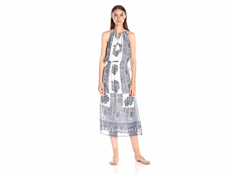 Two by Vince Camuto Caravan Block-Border Halter Midi Dress