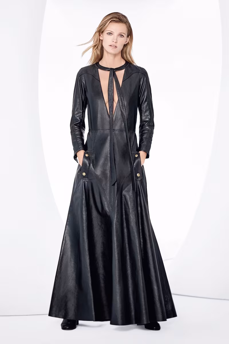 Chloé Tie Neck Calfskin Leather Maxi Dress