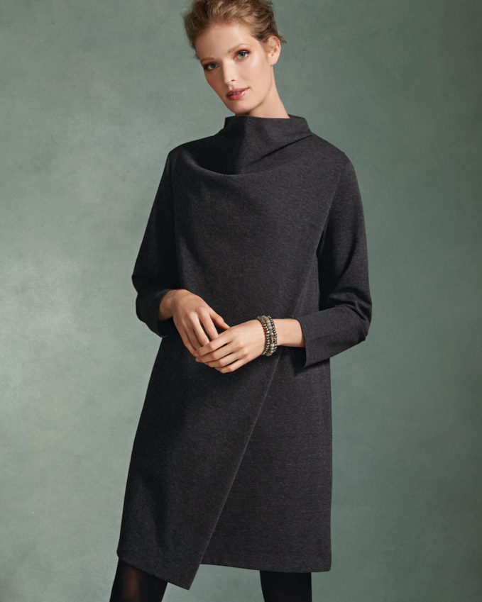 Joan Vass Long-Sleeve Drape-Front Knit Dress