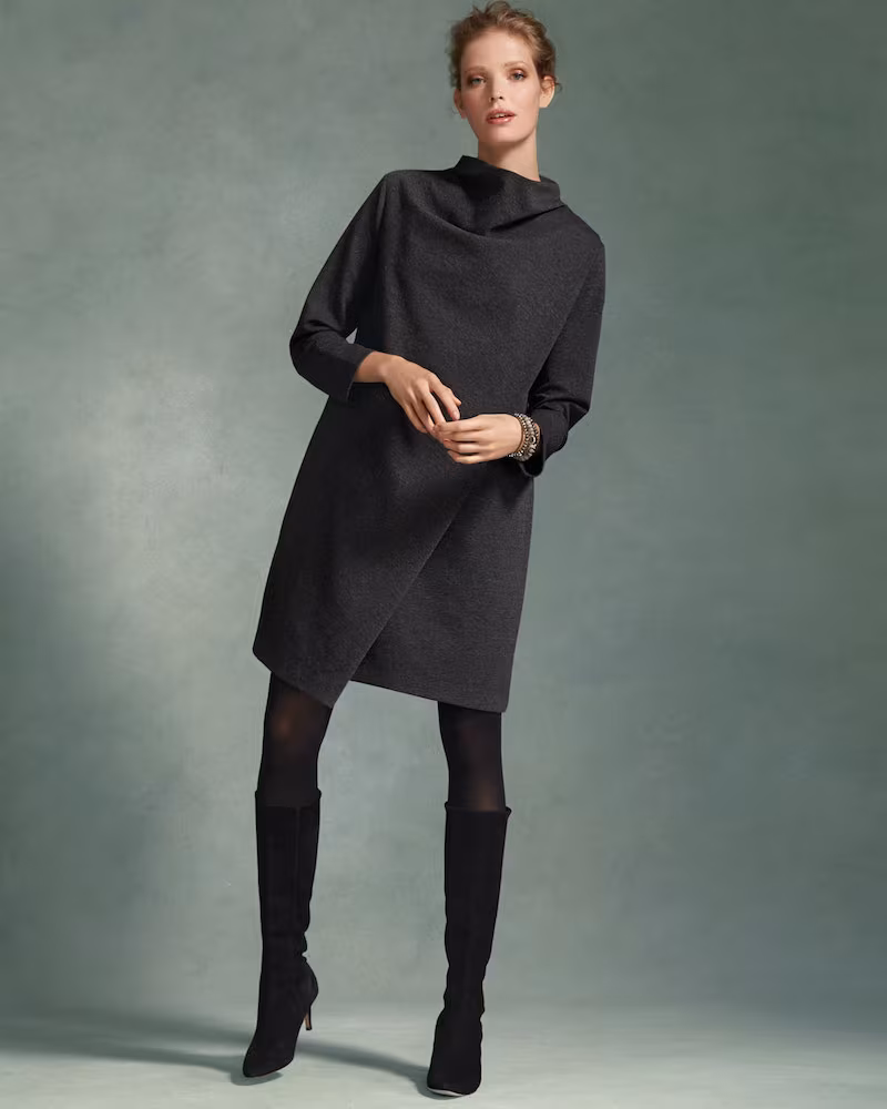 Joan Vass Long-Sleeve Drape-Front Knit Dress