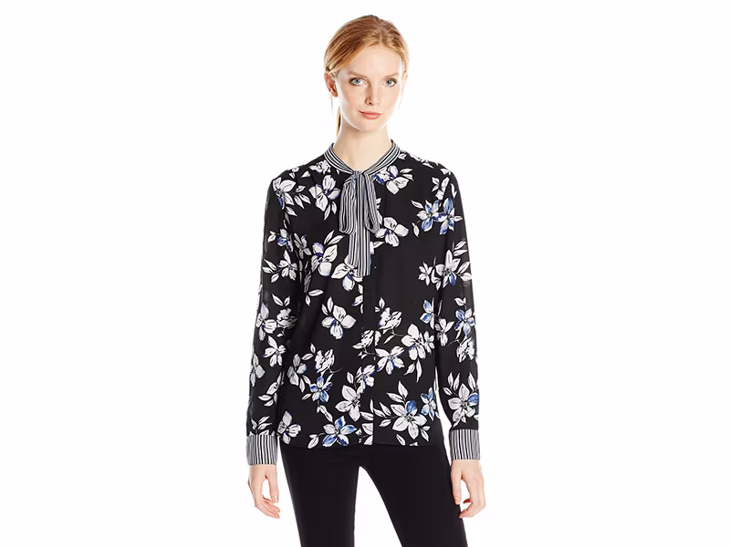 NYDJ Long Sleeve Printed Tie Neck Blouse
