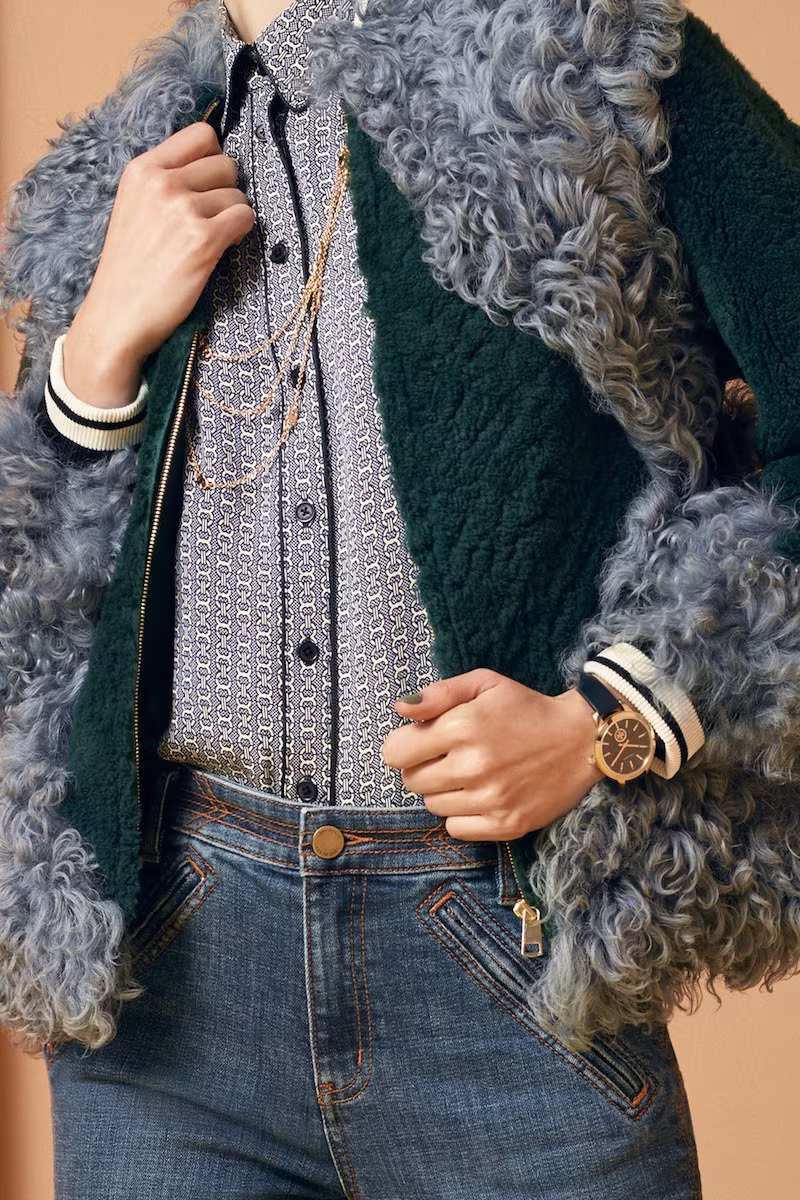 Tory Burch Bristol Colorblock Genuine Shearling Jacket
