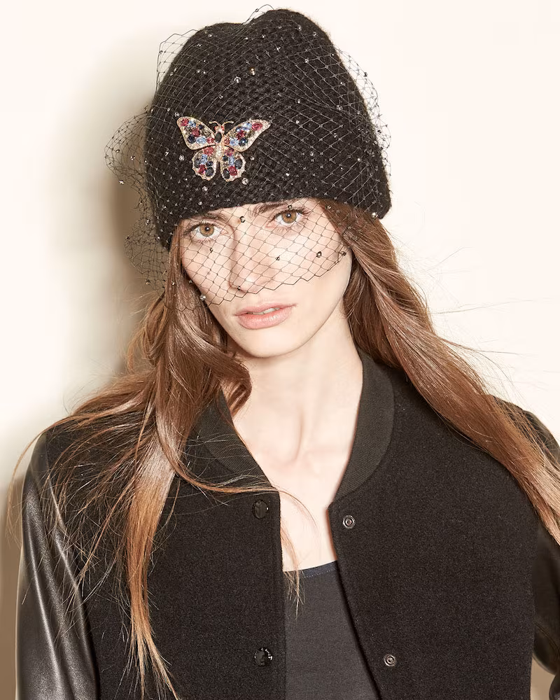 Jennifer Behr Mariposa Voilette Cashmere Beanie Hat