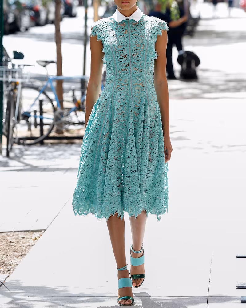 Lela Rose Collared Ruffled-Trim Lace Dress
