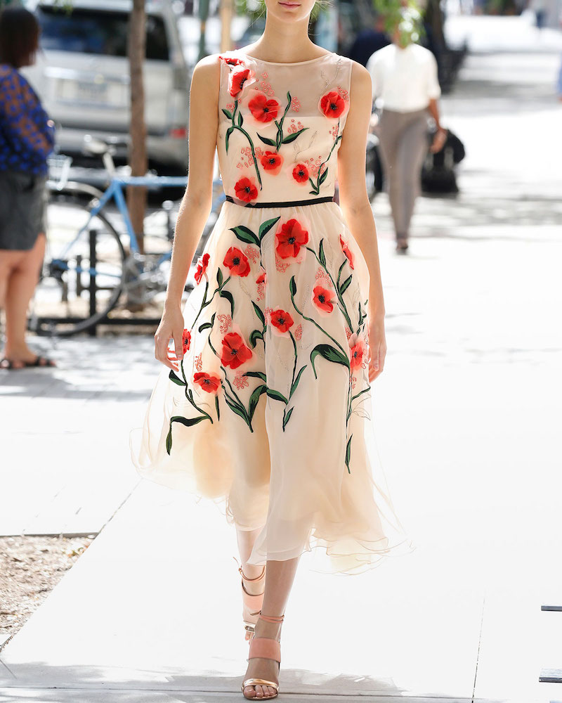 Lela Rose Floral-Appliqué Sleeveless Midi Dress