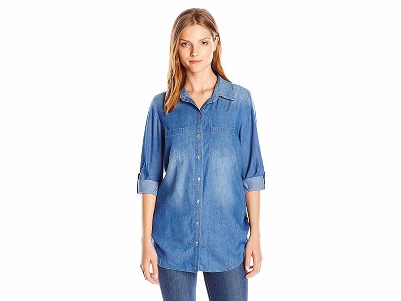 Allison Brittney Roll-Tab Sleeve Denim Chambray Tunic