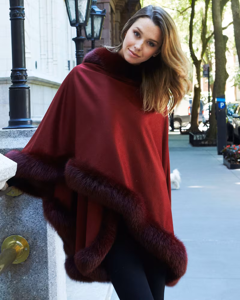 Bergdorf Goodman Cashmere Fox Fur-Trim Cape in Brick