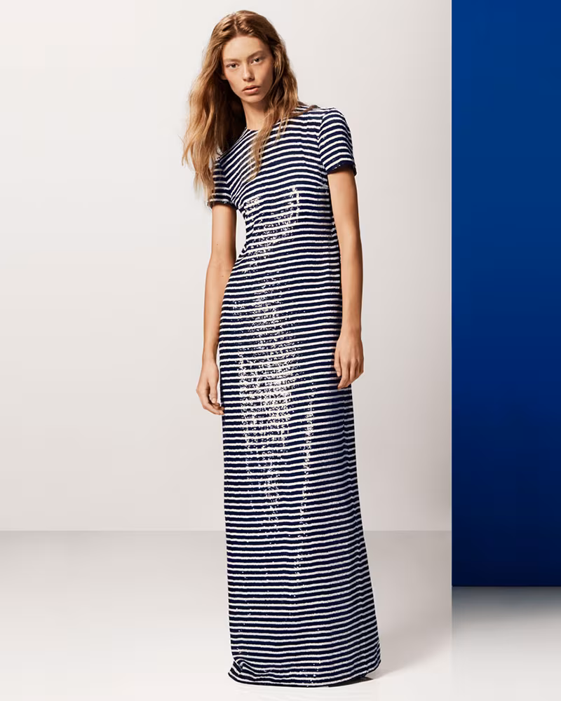 Michael Kors Stripe Sequined Silk-Georgette T-Shirt Gown