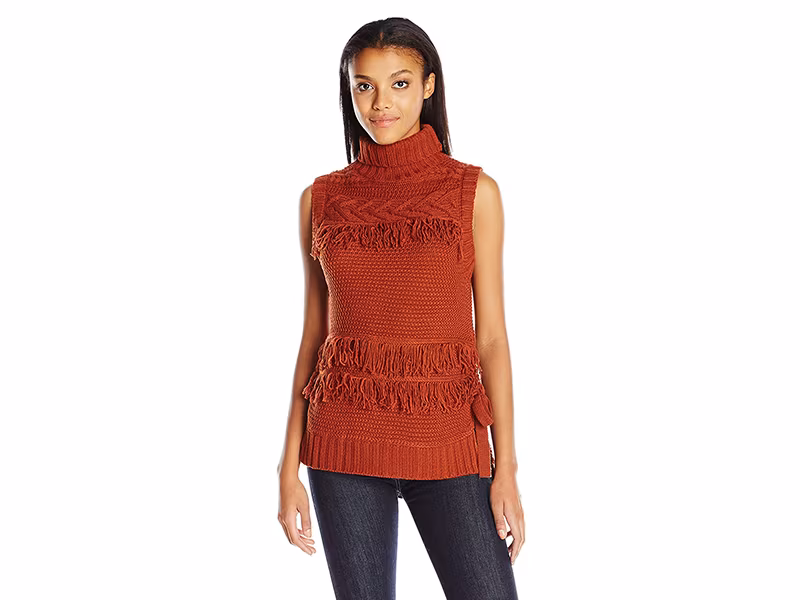 Moon River Turtleneck Sleeveless Sweater with Fringe Detail