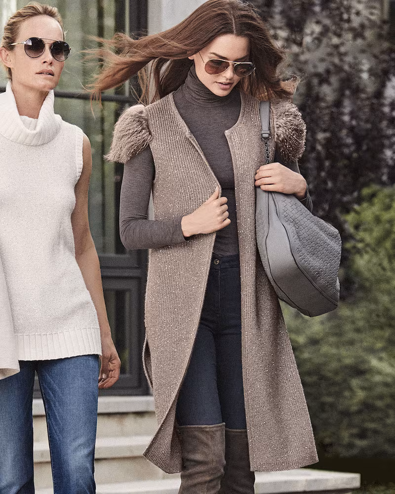 Neiman Marcus Cashmere Collection Mongolian-Shoulder Long Cashmere Vest