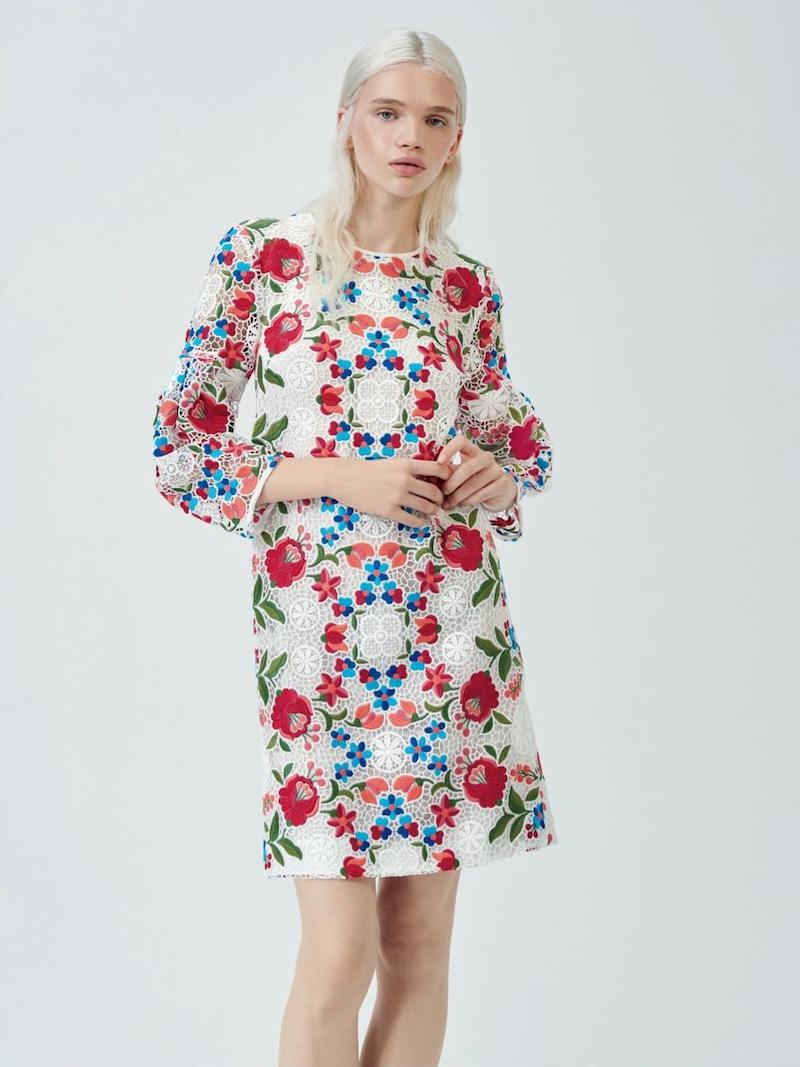 Burberry Embroidered Lace Shift Dress with Bell Sleeves