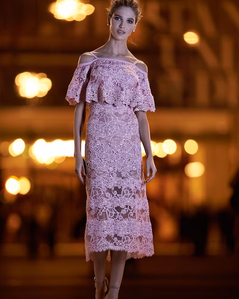 Elie Saab Off-the-Shoulder Lace Popover Midi Dress