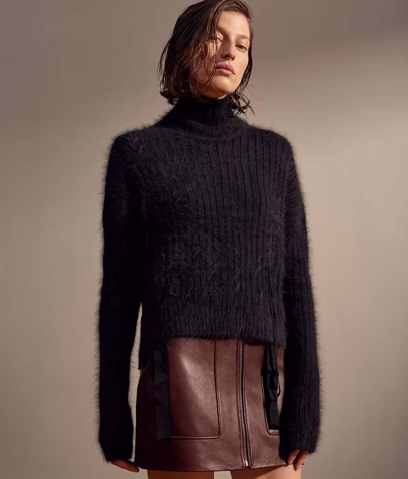 Helmut Lang Grosgrain-Accented Funnel Neck Sweater
