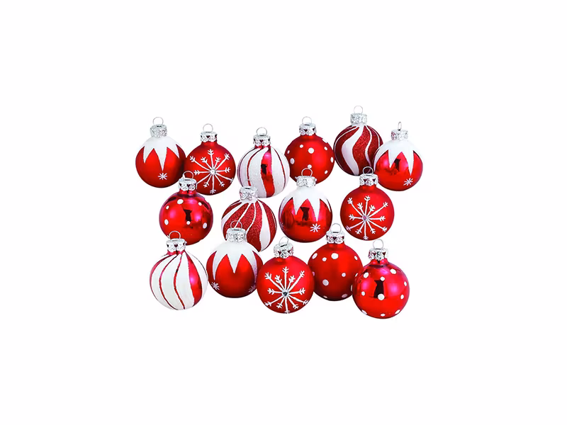 Kurt Adler 1.57-Inch Red/White Decorated Glass Ball Ornament set of 15