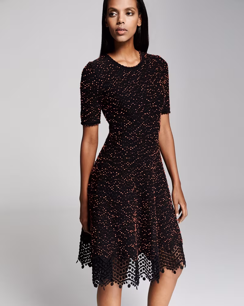 Lela Rose Speckled-Tweed Lace-Hem Dress