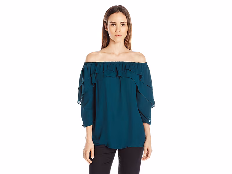 NY Collection Solid 3/4 Sleeve Off the Shoulder Top with Ruffles At Neckline and Sleeves