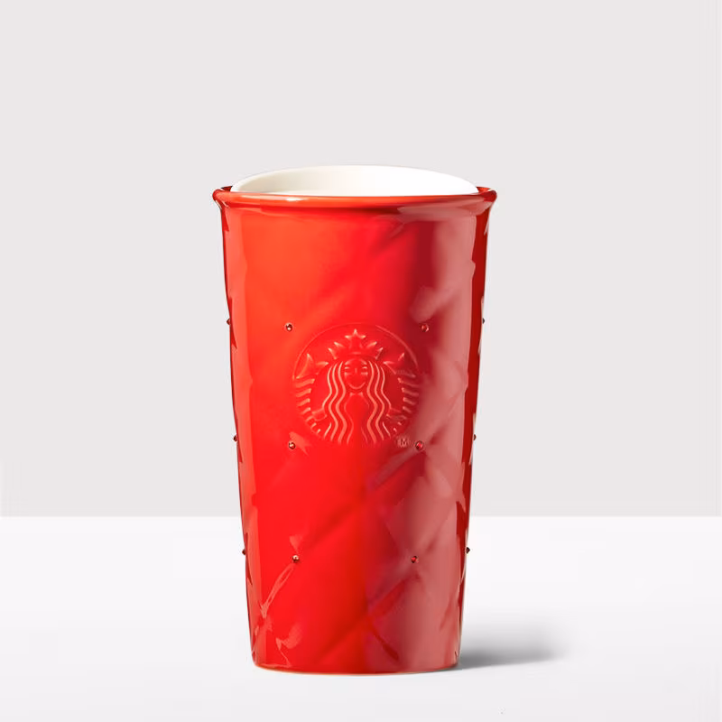 Starbucks Red Quilted Double Wall Traveler adorned with Swarovski crystals